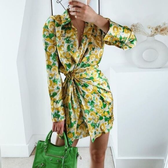 NWOT Zara Green and Yellow Paisley Floral Printed Wrap Satin Dress with headband - Picture 1 of 7